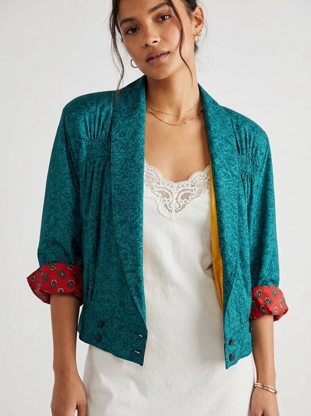 Vintage 80s Platinum by Dorothy Schoelen 100% Silk Teal Jacquard Crop Jacket S